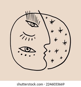 Afiche artístico del doodle esotérico de la luna llena místico vector boho astrología mágica dibujado a mano