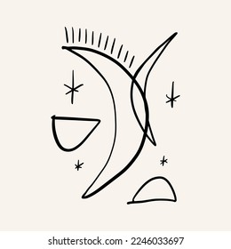 Vector boho mystic line crescent moon doodle esoteric astrology magic hand drawn art poster