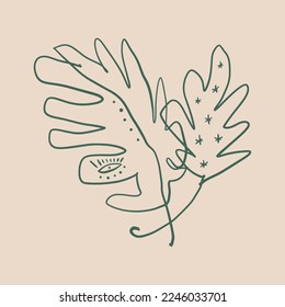 Vector boho mystic plant leaf and crescent moon hand drawn art poster