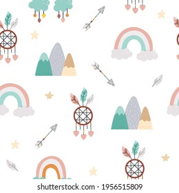 Vektor-Boho-Ornament. Böhmisches nahtloses Muster mit Sternen, Pfeilen, Bergen, Träumern und Regenbogen. Wilder und freier, sich wiederholender Hintergrund. Indisches amerikanisches oder tribales Digitalpapier
