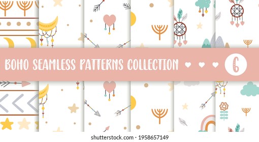 Vector boho ornaments set. Bohemian seamless patterns collection with squiggles, arrows, crescent moon. Wild and free repeating backgrounds pack. Ethnic native American or tribal digital paper
