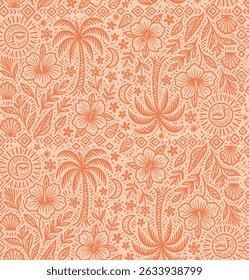 Vector boho pattern all over print with plenty of detail and intricate linework are crucial. Tonal, two-colour prints. Sun, shell, palms, tropical flowers