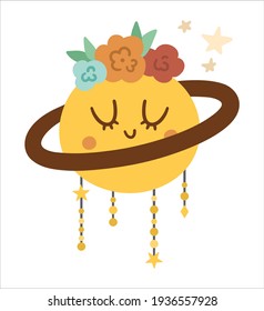 Vector boho planet with flowers on the head. Bohemian moon icon isolated on white background. Celestial star illustration.
