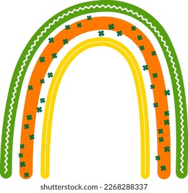 vector boho rainbow in green, orange, and white, complete with clovers. Add a pop of color and good luck to your St. Patrick's Day designs.  create digital or print projects.