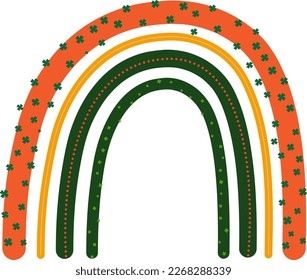 vector boho rainbow in green, orange, and white, complete with clovers. Add a pop of color and good luck to your St. Patrick's Day designs.  create digital or print projects.
