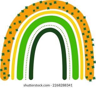 vector boho rainbow in green, orange, and white, complete with clovers. Add a pop of color and good luck to your St. Patrick's Day designs.  create digital or print projects.