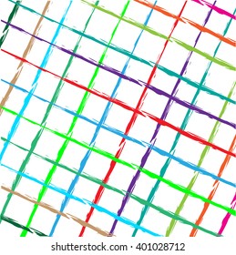 Vector boho  scratches bold plaid pattern with thin brushstrokes and thin stripes hand painted in bright red, green, blue colors. Dynamic striped print texture for fall winter retro fashion 
