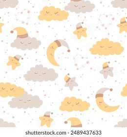 Vector boho seamless pattern with cute hand drawn cartoon clouds, moon and stars isolated on white background. Pastel design for fabric print, wallpaper, card, nursery decoration
