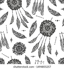 Vector boho seamless pattern. Hand drawn dream catcher, bird feather, arrows background. Black and white
