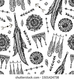 Vector boho seamless pattern. Hand drawn dream catcher, bird feather, arrows background. Black and white