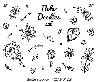 Vector boho set - Fantasy Flowers and hearts, herbs. Simple dark lines on white background.