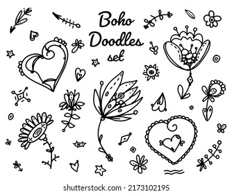 Vector boho set - Fantasy Flowers and hearts, herbs, arrows. Simple dark lines on white background.