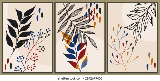 Vector boho style abstract art triptych.  Bohemian botanical cards. Printable artistic boho wall art home decor. 