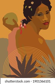 Vector boho style black woman print. French Polynesia Tahiti culture. Bohemian exotic tropical feminine diversity poster. Gauguin inspired boho wall art illustration home decor. Warm colors wall print