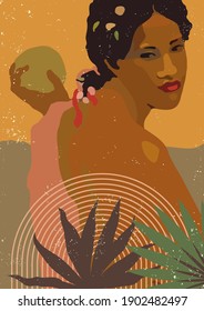 Vector boho style black woman print. French Polynesia Tahiti culture. Bohemian exotic tropical feminine diversity poster. Gauguin inspired boho wall art illustration home decor. Warm colors wall print