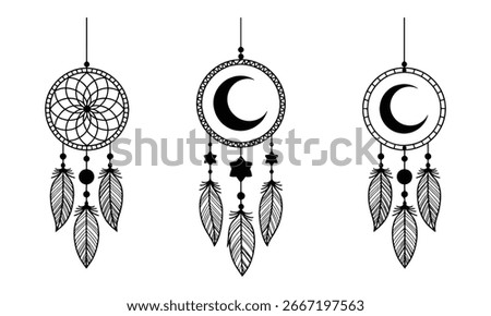 Vector Boho style Dreamcatcher with Crescent Moon and Feathers – Tribal Line Art for Spiritual Wall Art, Posters or Sublimation graphic Design