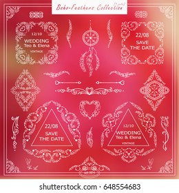Vector boho style elements for design. Ornamental vintage frame, borders, corners, square, arrows, dividers. Rooster, feathers, tribal beads, dreamcatcher, ribbon elements, white line