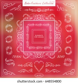 Vector boho style elements for design. Ornamental vintage frame, borders, corners, square, arrows, dividers. Rooster, feathers, tribal beads, dreamcatcher, ribbon elements, white line