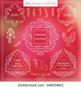 Vector boho style elements for design. Ornamental vintage frame, borders, corners, square, arrows, dividers. Rooster, feathers, tribal beads, dreamcatcher, ribbon elements, white line