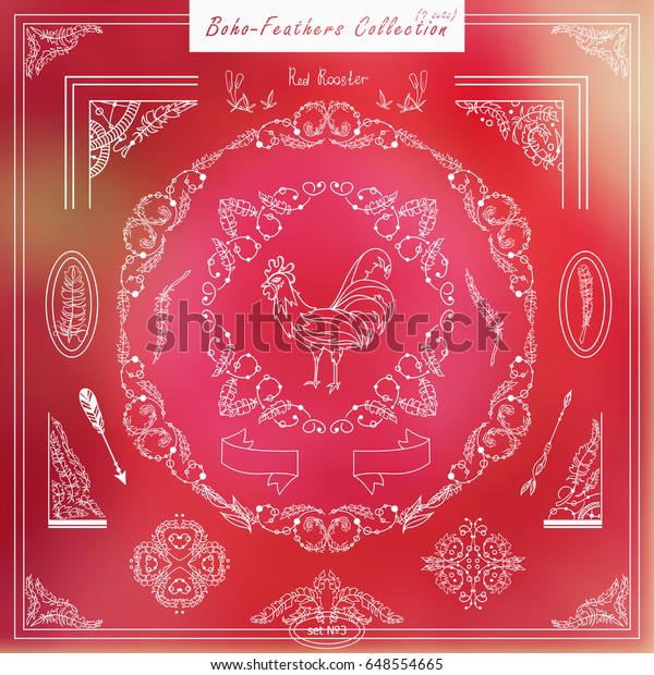 Vector boho\
style elements for design. Ornamental vintage frame, borders,\
corners, square, arrows, dividers. Rooster, feathers, tribal beads,\
dreamcatcher, ribbon elements, white\
line