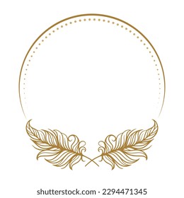 Vector boho style feathers round frame on the white background