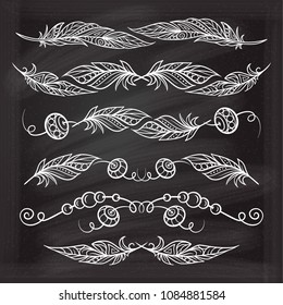 Vector boho style feathers set on a chalkboard background