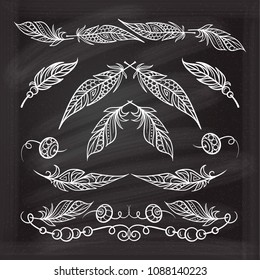 Vector boho style feathers set on a chalkboard background