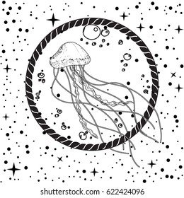 Vector boho style illustration of a jellyfish floating inside a water drop through the space. Hand drawn doodle image.