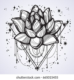Vector boho style outline trendy illustration isolated. Lotus flower on sacred geometry and a scattering of stars. Tattoo art. Mystic, religious, romantic, astrology, astronomy, occultism, concept.