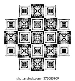 Vector boho style t-shirt print template with aztec elements. Black and white.