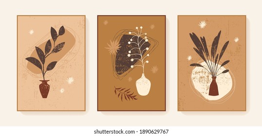 Vector boho triptych wall decor prints. Bohemian style abstract botanical cards. Printable artistic boho style wall art plant home decor. Earth tones beige brown neutral colors elegant posters, covers