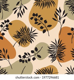 Vector boho tropical seamless pattern with palm leaves, plants and geometric elements. Modern aesthetic contemporary background in mid century style for fashion, print, home and wall decor