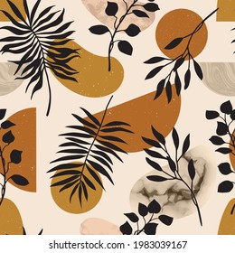 Vector boho tropical seamless pattern with palm leaves, plants and geometric elements. Modern aesthetic contemporary background in mid century style for fashion, print, home and wall decor