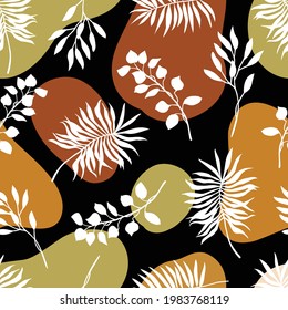 Vector boho tropical seamless pattern with palm leaves, plants and geometric elements. Modern aesthetic contemporary background in mid century style for fashion, print, home and wall decor