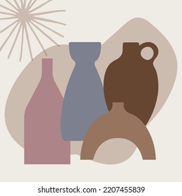 Vector boho vase collage. Trendy illustration for design. Wall art, printable, poster, picture for interior