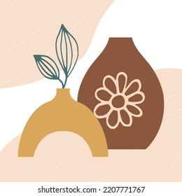 Vector boho vase collage. Trendy illustration for design. Wall art, printable, poster, picture for interior