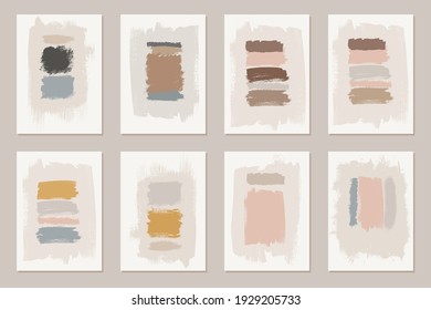 Vektor boho Wand-Kunstdrucksatz. Abstrakte Kunst. Weiche, pastellfarbene, neutrale Aktfarben. Kollektion von neutralen bunten böhmischen Acrylgemälden. Künstlerisches Hintergrundbild. skandinavische nordische Wanddekoration