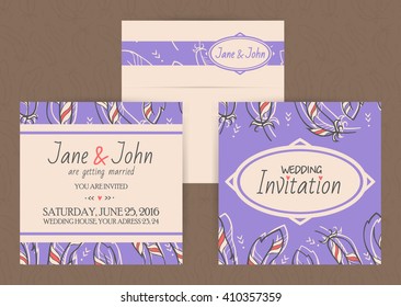 vector boho wedding invitation and envelope