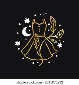 Vector boho woman fashion dress celestial icon - star and moon gold logo