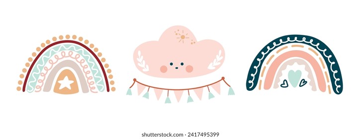 Vector boho-style clipart for decorating a children's room with cute rainbows and moon, sun, cloud. Boho baby rainbow. Perfect for children's party, birthday, stickers, postcards