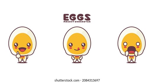 vector boiled egg cartoon mascot , with different expressions, isolated on a white background.