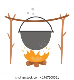 Vector boiler hanging on tree twigs above the fire. Campfire pot illustration isolated on white background. Autumn or Summer season bonfire icon.  Funny hearth symbol illustration.
