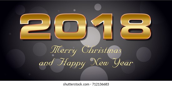 Vector bokeh 2018 happy new year card with gold text on dark background