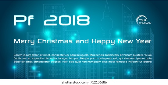 Vector bokeh 2018 happy new year card in blue color with city silhoutte