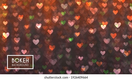 Vector Bokeh in the form of hearts. Defocused particles on orange background. Glitter lights at night.