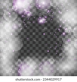 Vector bokeh lights effect isolated. blurred light frame. festive purple and white luminous background.