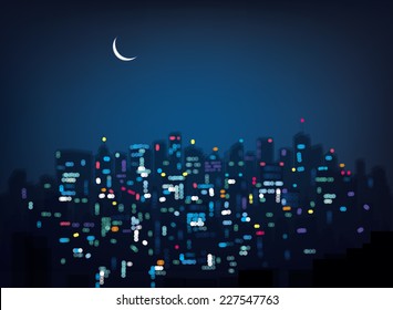 Vector Bokeh Night City Background.