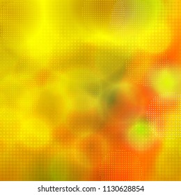 Vector bokeh yellow background with glowing bubbles and retro halftone effect.