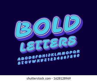 Vector Bold 3D Font. Handwritten Blue Alphabet Letters and Numbers.