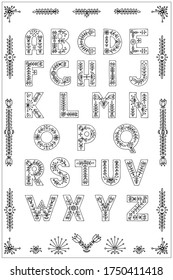 Vector bold alphabet decorated with folk ornaments. Hand draw.